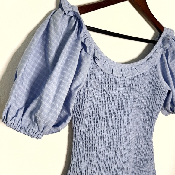 Lush Blue Off-Shoulder Smocked ruffled mini Dress NWT Size M - Picture 4 of 9